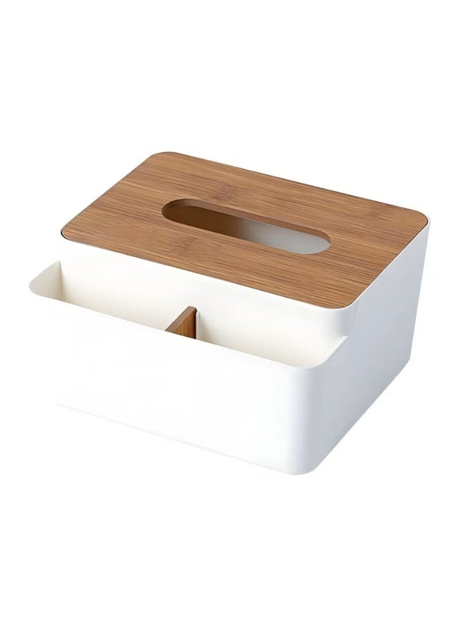 Jinila Square Shape Wooden Cover Plastic - Tissue Paper Holder with 2 Compartment Multi-Functional Desk Organizer Remote, Pen & Pencil Stationery Storage Stand (Pack of 1, White) - Image 1
